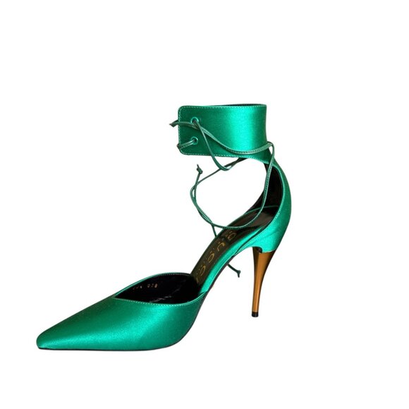 GUCCI 752966 Priscilla Emerald Green Satin Strap Gold Stiletto Heel 36+, US 6.5 - Picture 4 of 16